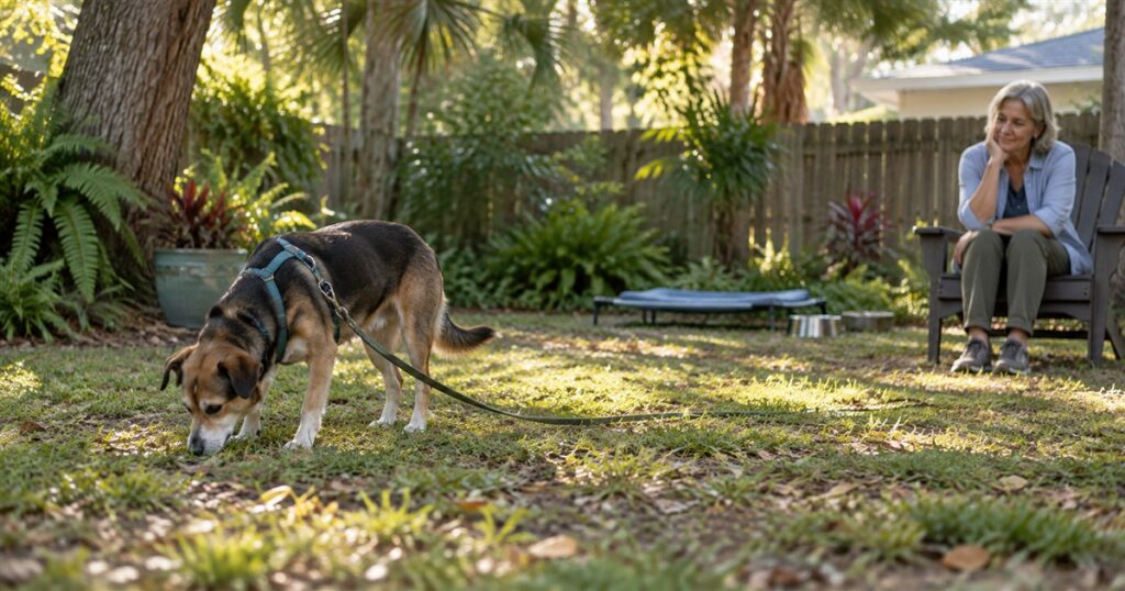 A rescue dog sniffing slowly in a shaded yard while its handler gives the dog room to decompress