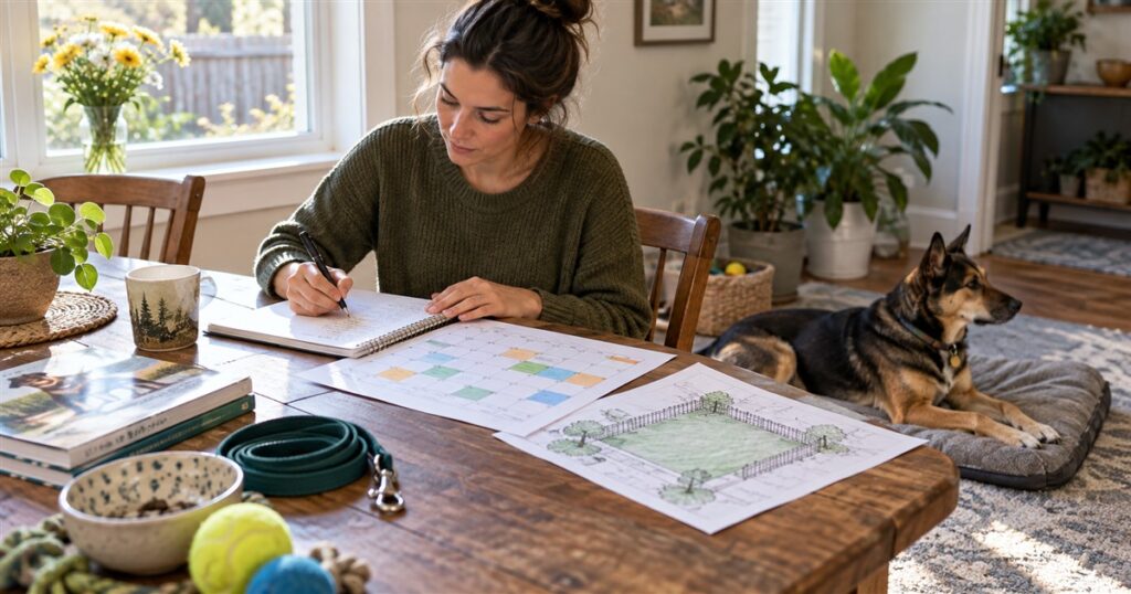 A prospective adopter planning a realistic schedule and secure home setup while a high-drive rescue dog rests nearby