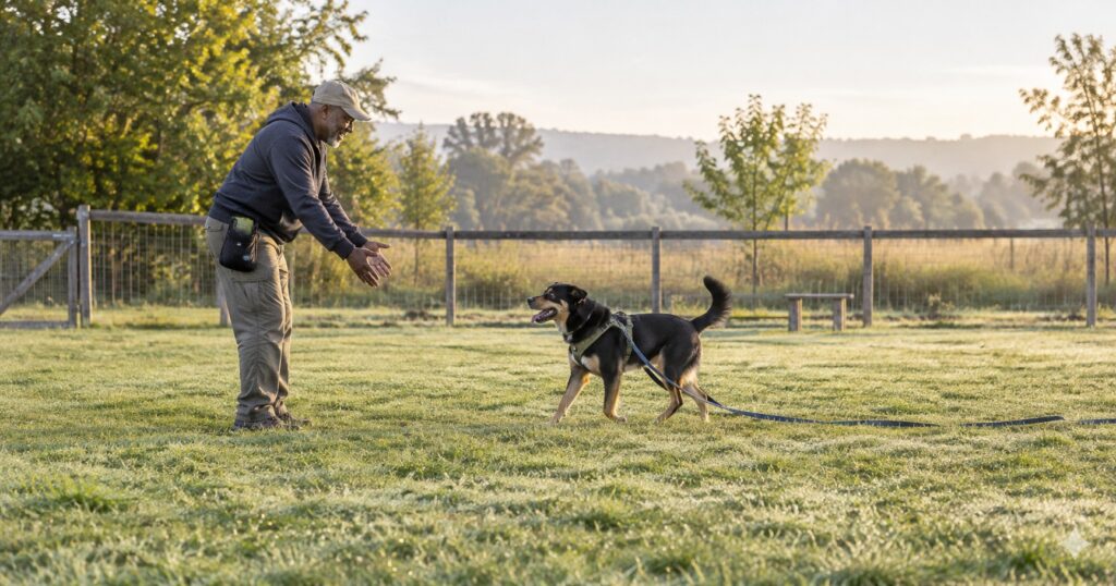 A rescue dog returning toward a handler in a fenced field with a slack training line